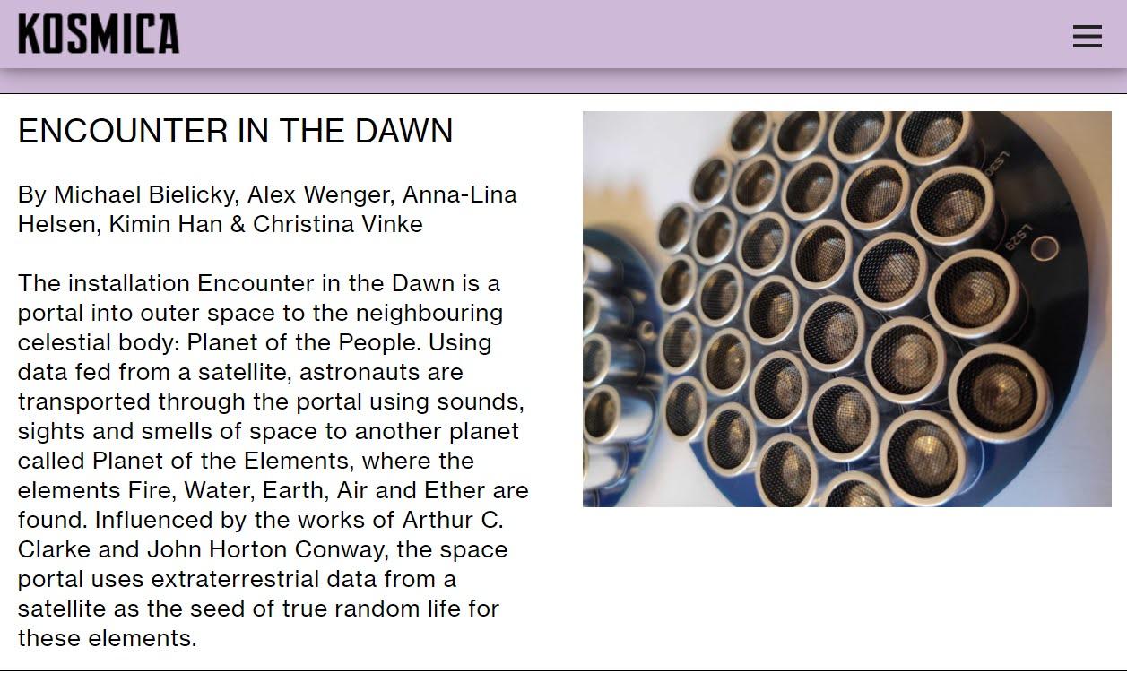 a screenshot imag from the KOSMICS website, with a photo of an ultra sonic speaker, and description text for the artowrk -Enouncter in the Dawn-, shown at the Venice Biennale in 2021.